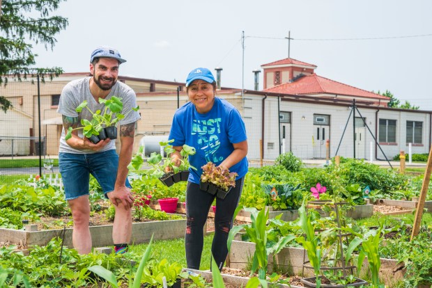 Los jardineros sostienen plantas y productos plantados en el Jardín Comunitario de Fátima